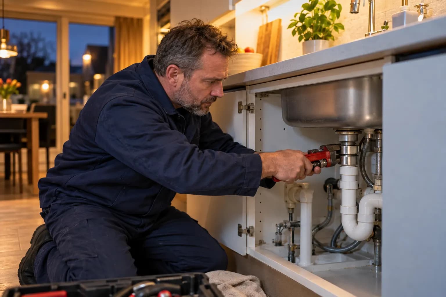 Loodgieter van Randstad Loodgieter repareert de afvoer onder een keukenspoelbak