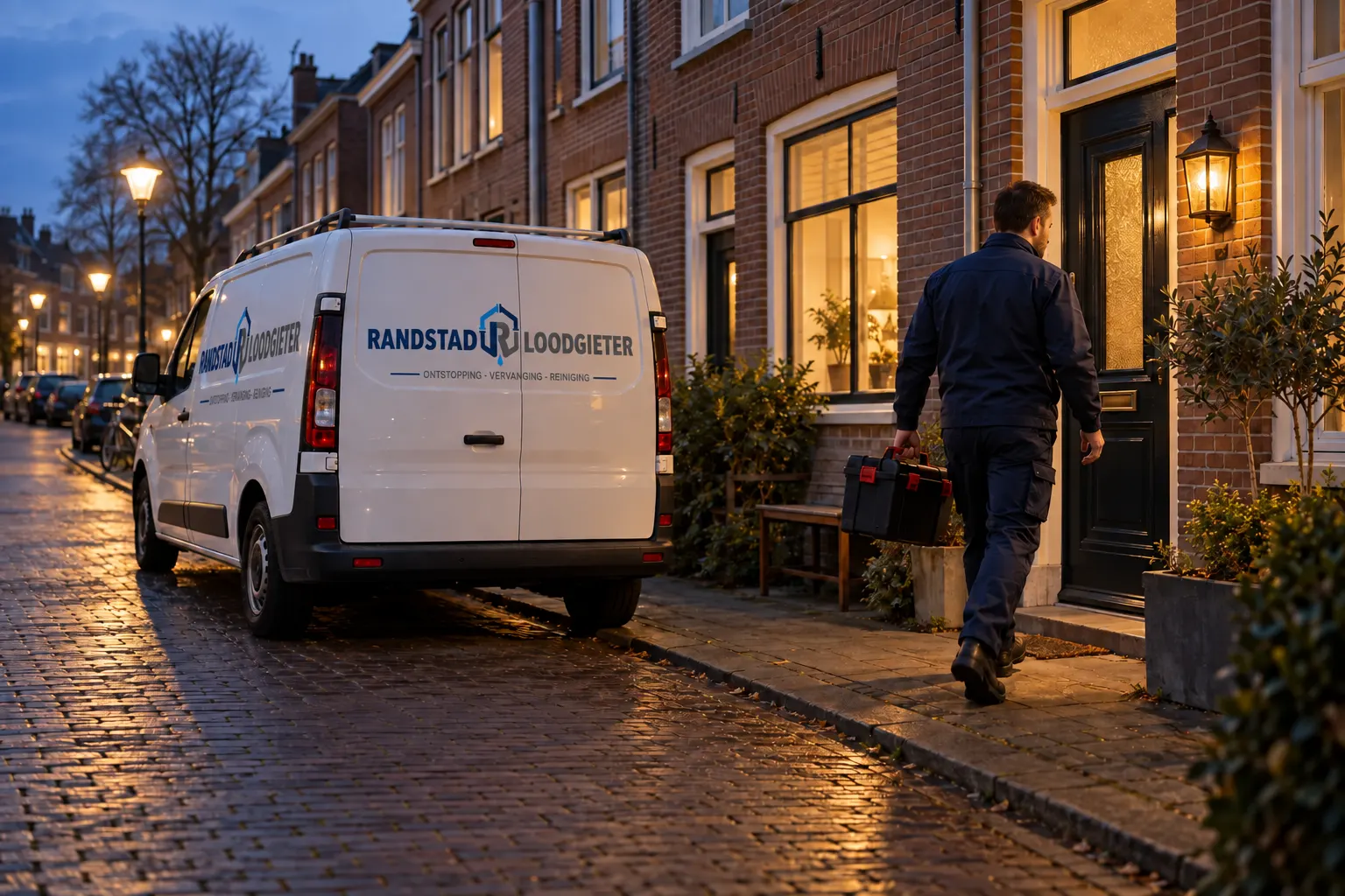 Bus van Randstad Loodgieter met logo, 's avonds geparkeerd terwijl de monteur met gereedschapskist naar de voordeur loopt